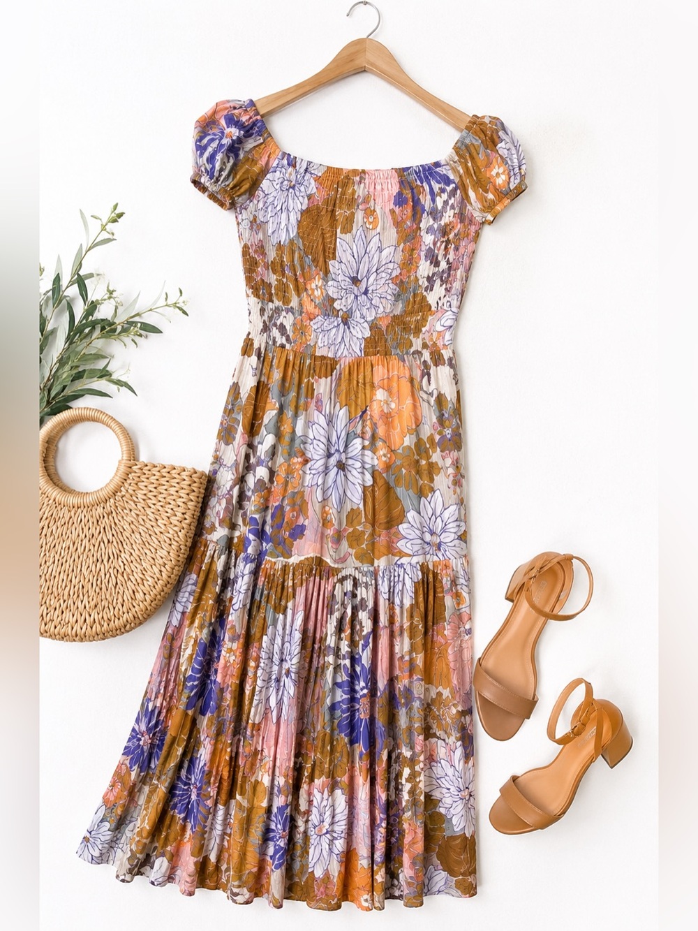 Anthropologie Floral Midi Dress in Orange and White